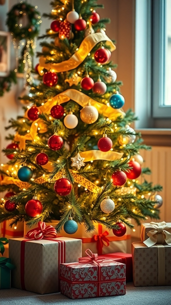 A cozy Christmas tree with decorations and presents, ideal for holiday photography.
